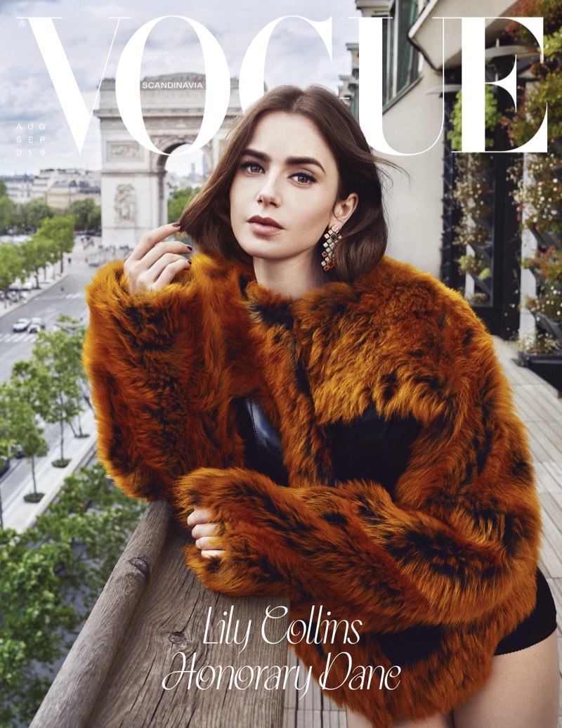 Lily Collins poses on Vogue Scandinavia September 2024 cover.