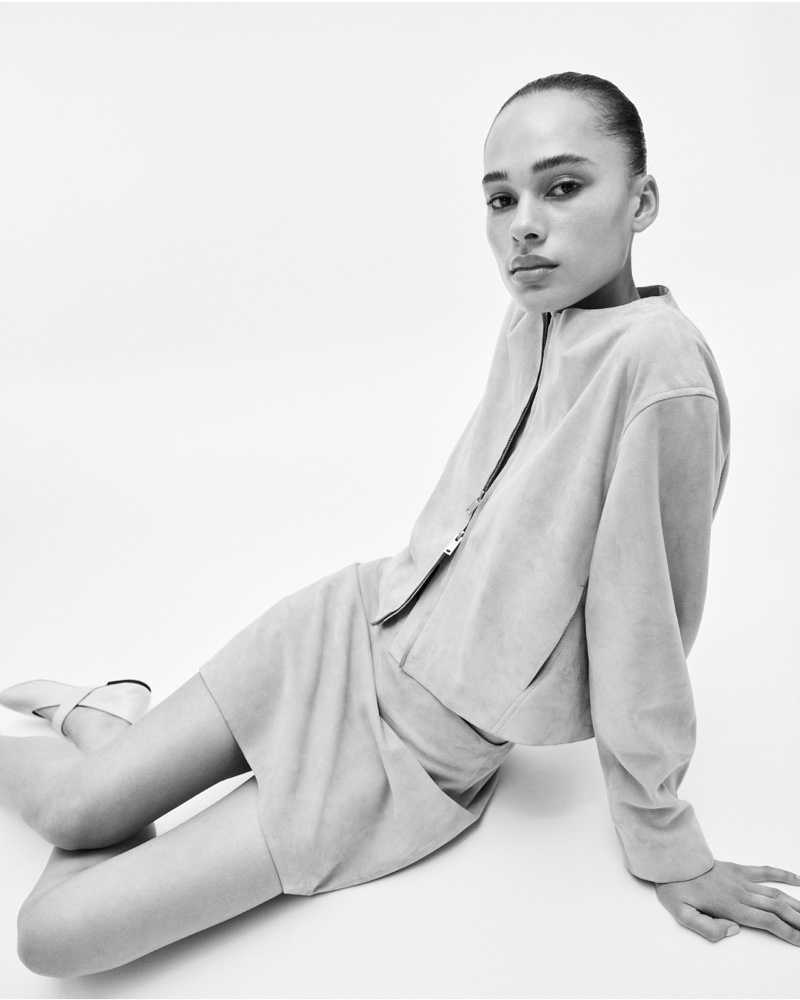 Massimo Dutti spotlights a suede cropped jacket and skirt for August 2024.