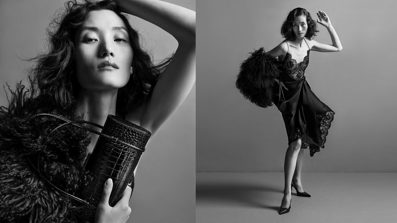 Lina Zhang models a lingerie-inspired design in Michael Kors Collection's fall-winter 2024 campaign.