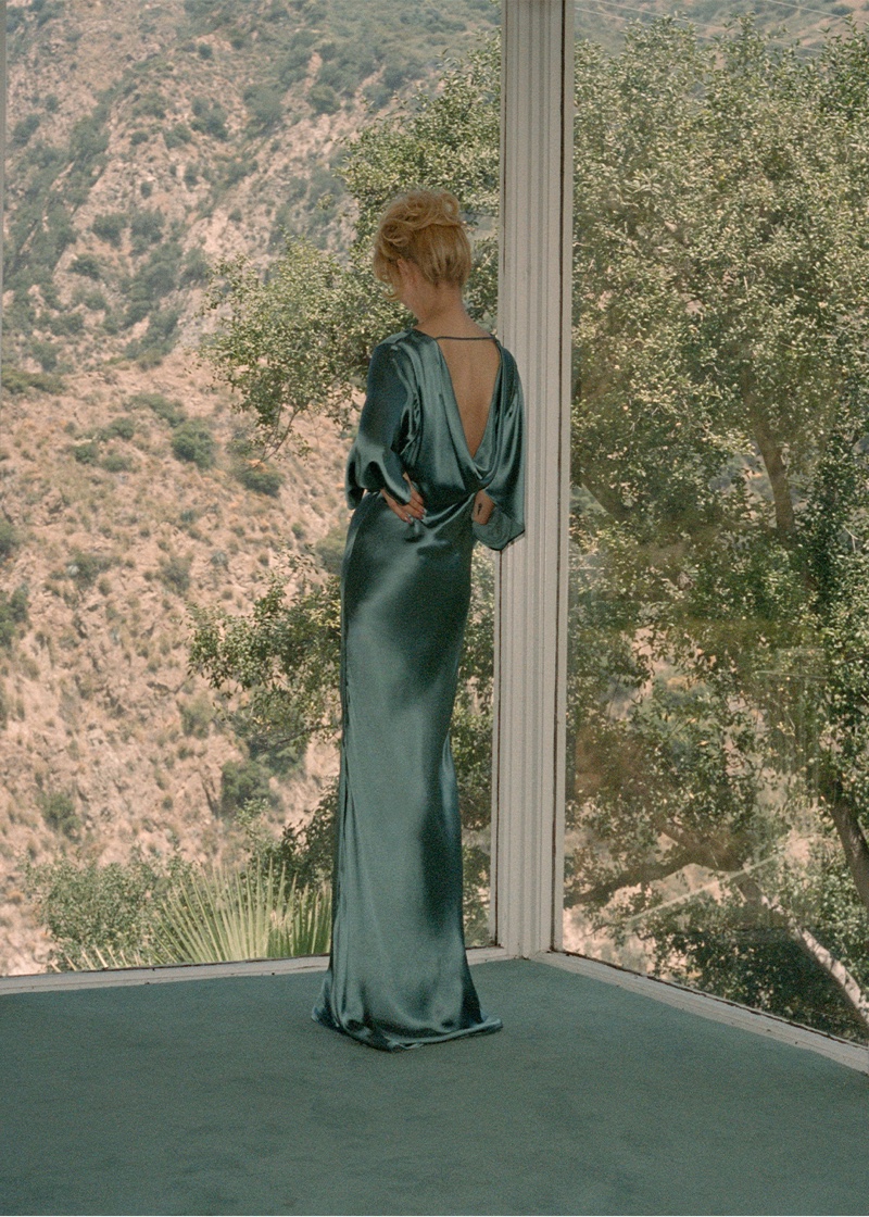 & Other Stories has a glamorous moment with a green satin maxi dress for fall 2024.