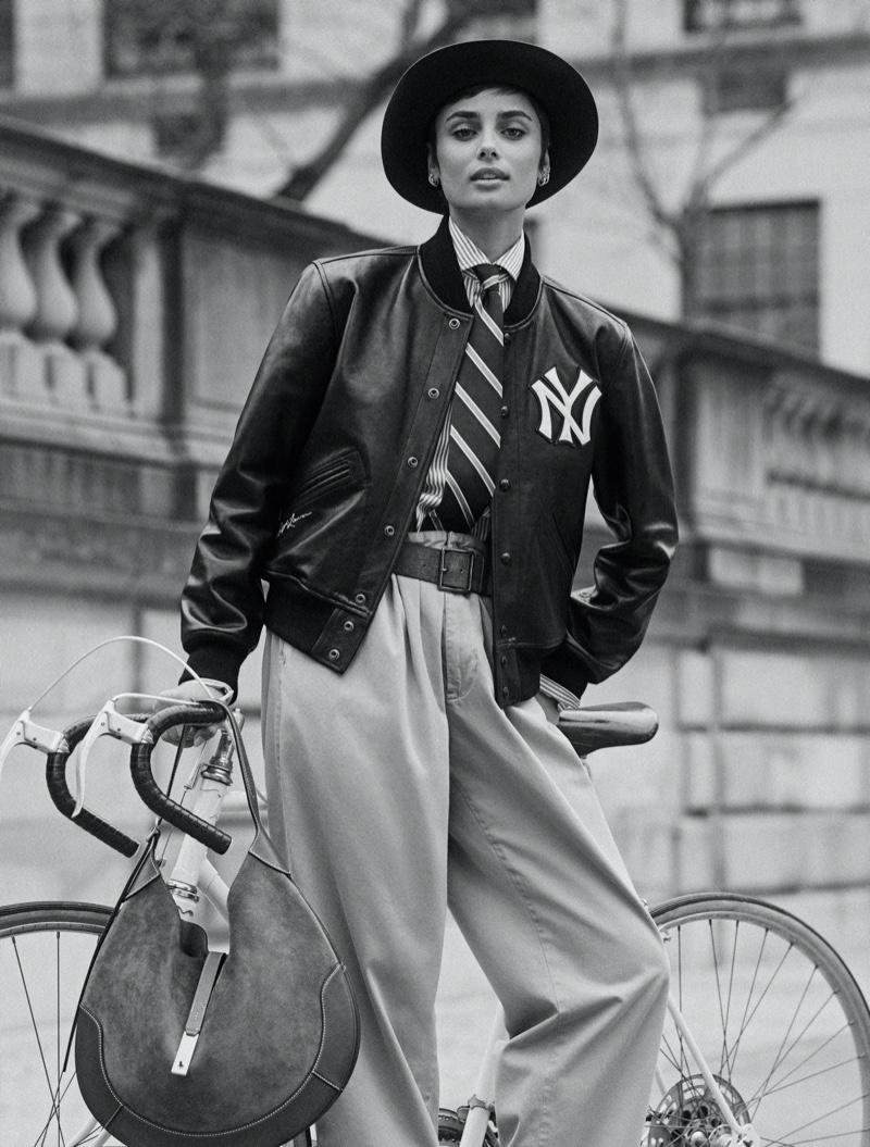 Taylor Hill models a leather bomber jacket with the New York Yankees' logo for Ralph Lauren's fall 2024 campaign.