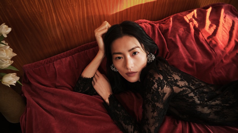 Liu Wen models lace in Saint Laurent's fall 2024 campaign.