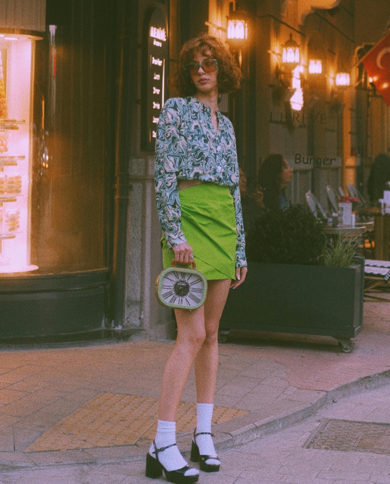 Swirled Blouse Neon Skirt Soft Girl