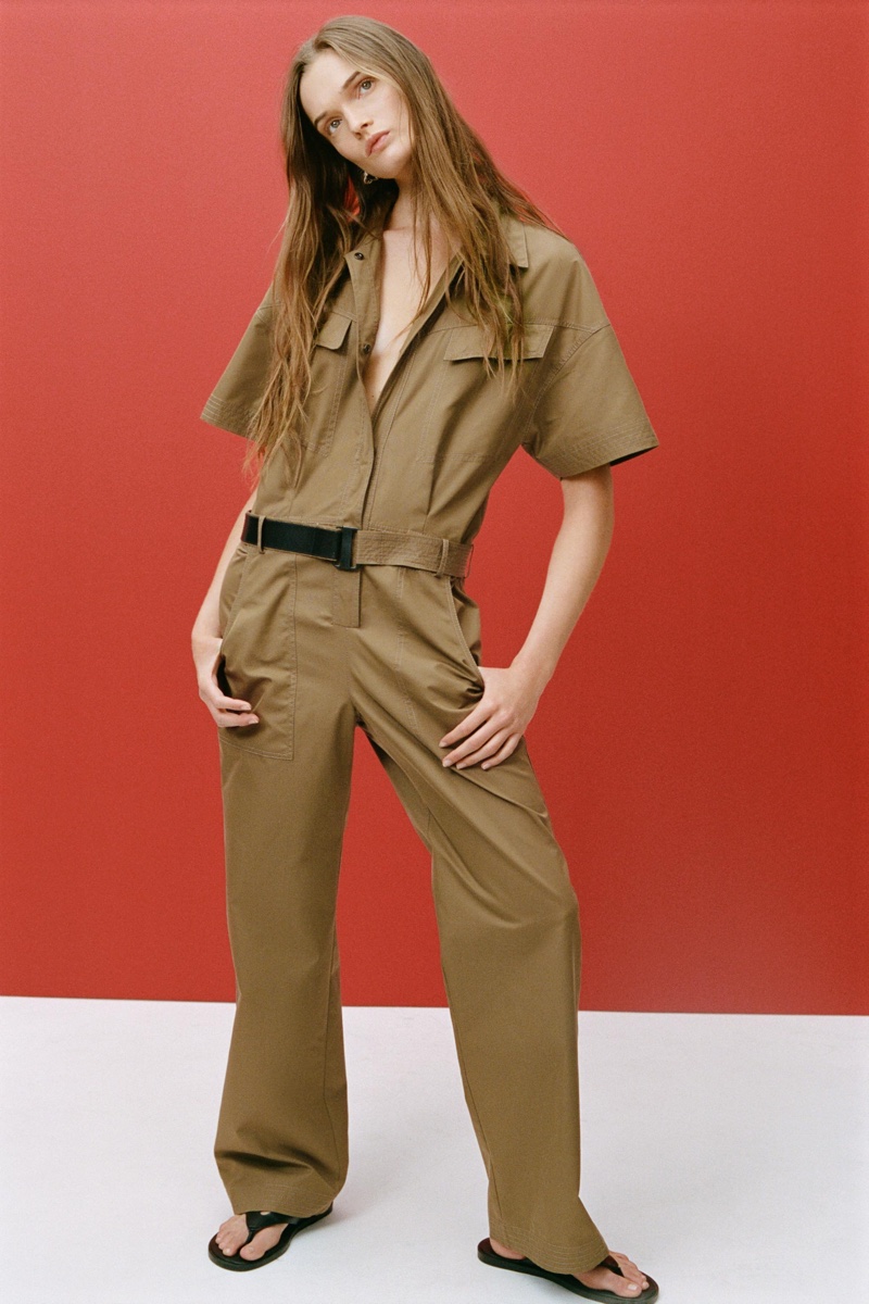 Zara features a shortsleeve jumpsuit in olive green.