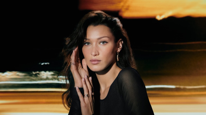 Posing against a night skyline, Bella Hadid fronts Chopard's Sculpted by Light campaign.