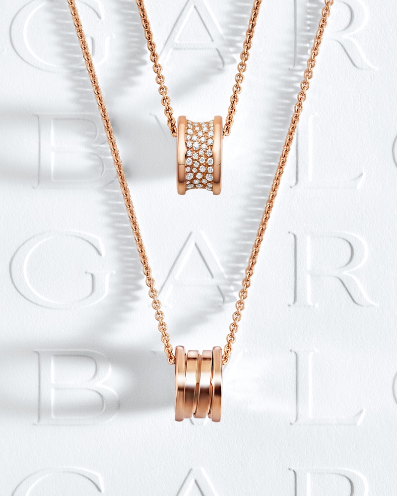 Rose gold and pave diamonds adorn Bvlgari's B.zero 1 necklaces.