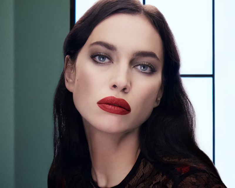 Irina Shayk models a dramatic red lip for Dolce & Gabbana Beauty's Il Pranzo campaign.