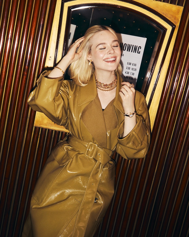 Flashing a smile, Elle Fanning shines in Grain de Café jewelry from Cartier.