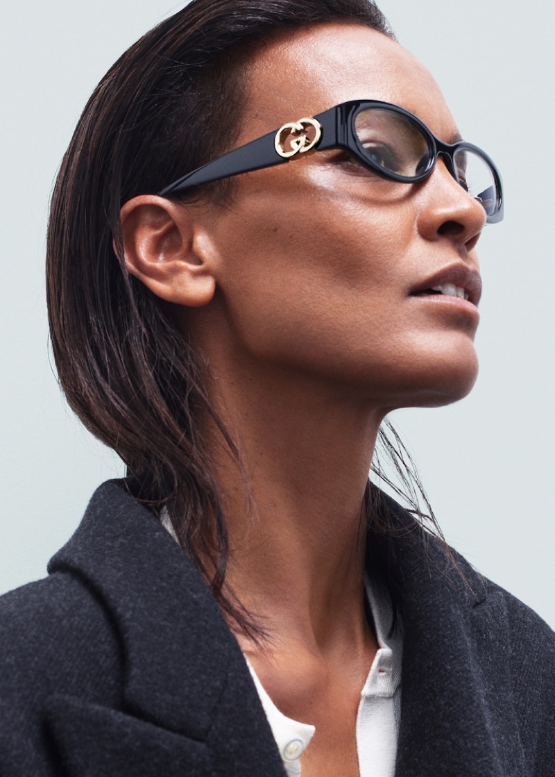 Liya Kebede wears optical frames in Gucci Eyewear's fall 2024 ad.