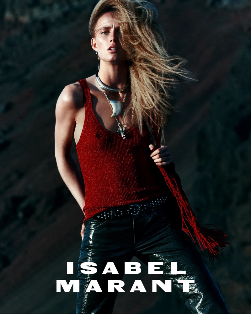 Isabel Marant features knitwear and leather trousers in its fall-winter 2024 campaign.