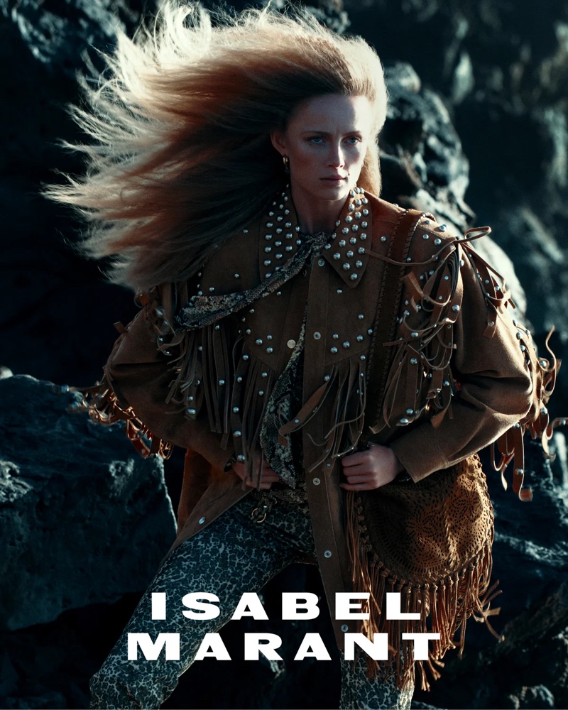 Rianne van Rompaey rocks a fringed jacket in Isabel Marant's fall 2024 campaign.