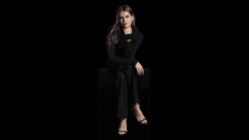 Striking a pose, Kaia Gerber models Omega's Constellation collection 28mm steel and Moonshine gold watch.