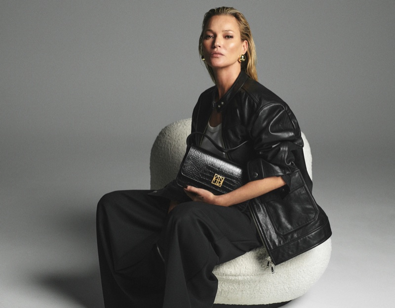 Modeling the Elly bag, Kate Moss fronts Anine Bing's fall 2024 ad.