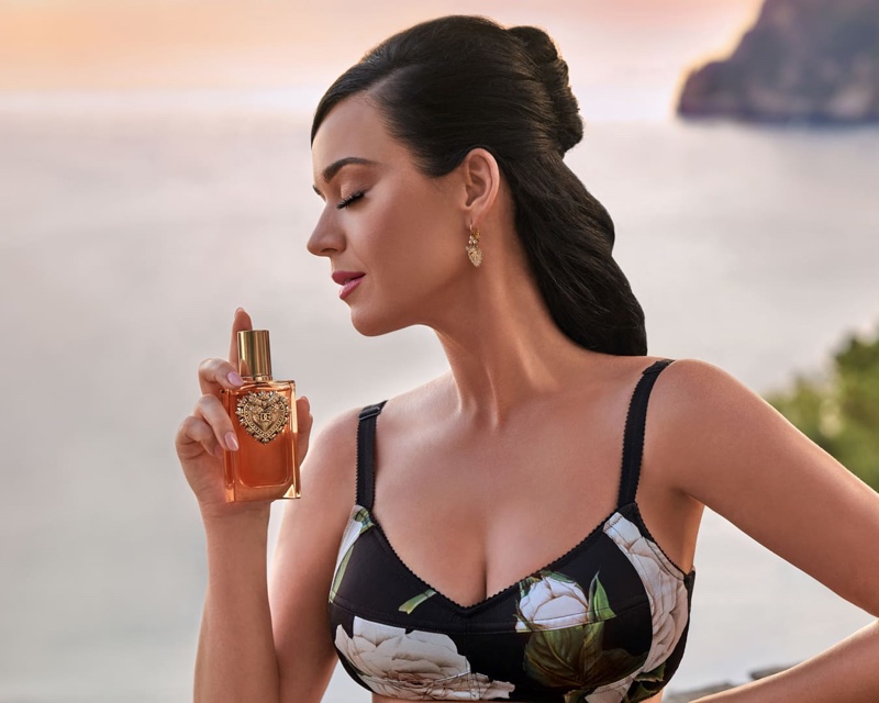 Singer Katy Perry poses in Capri for Dolce & Gabbana's Devotion Eau de Parfum Intense campaign.