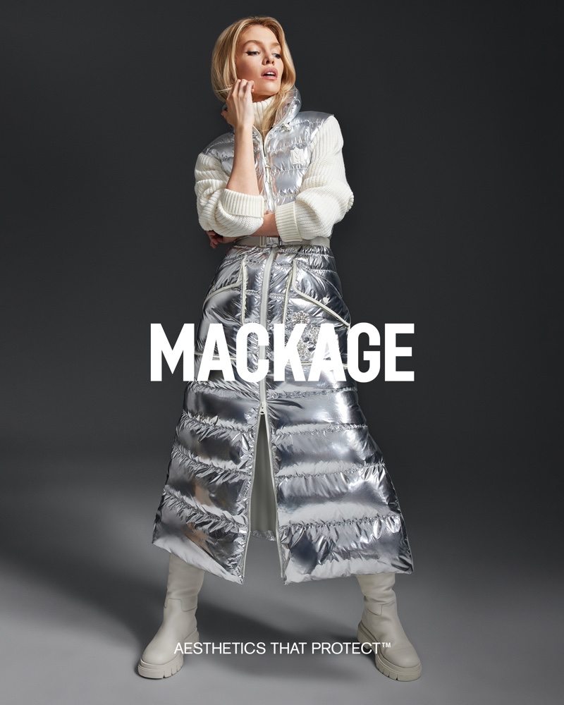 Clad in a silver coat, Stella Maxwell fronts Mackage's fall 2024 ad.