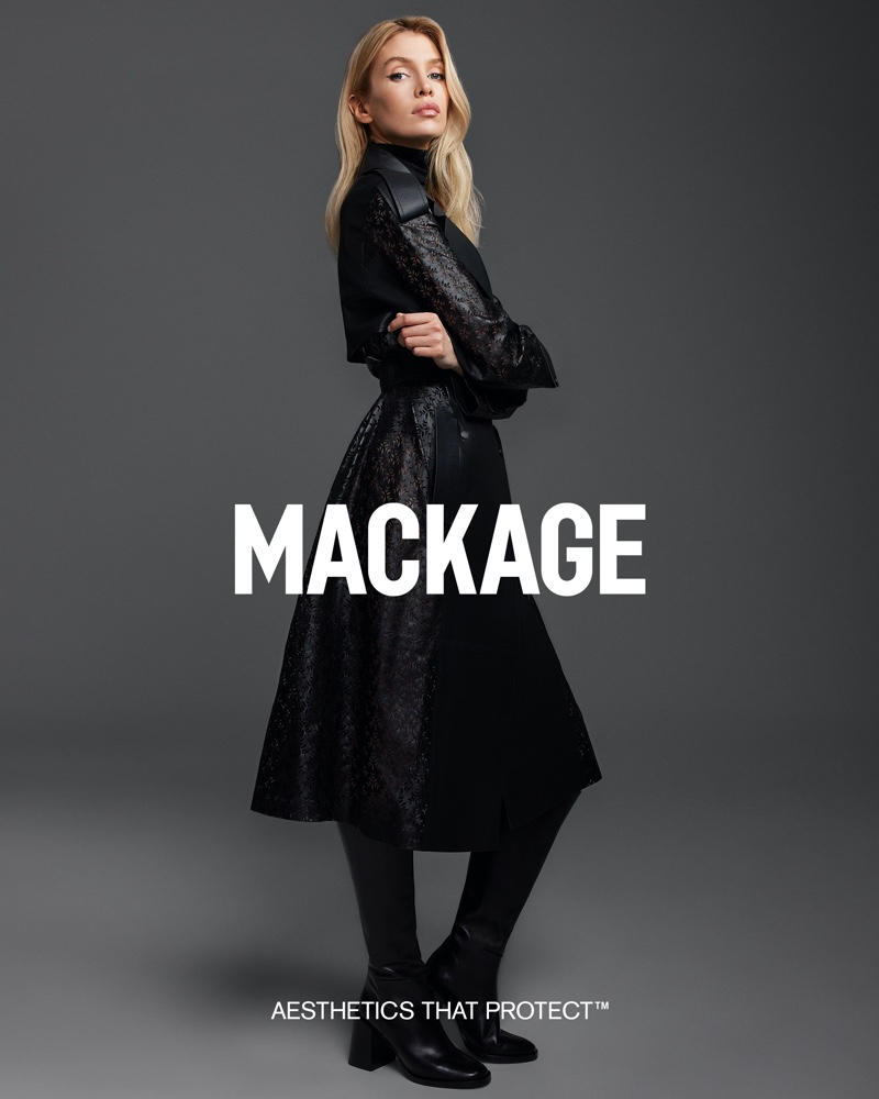 Stella Maxwell wears a belted coat for Mackage's fall 2024 ad.