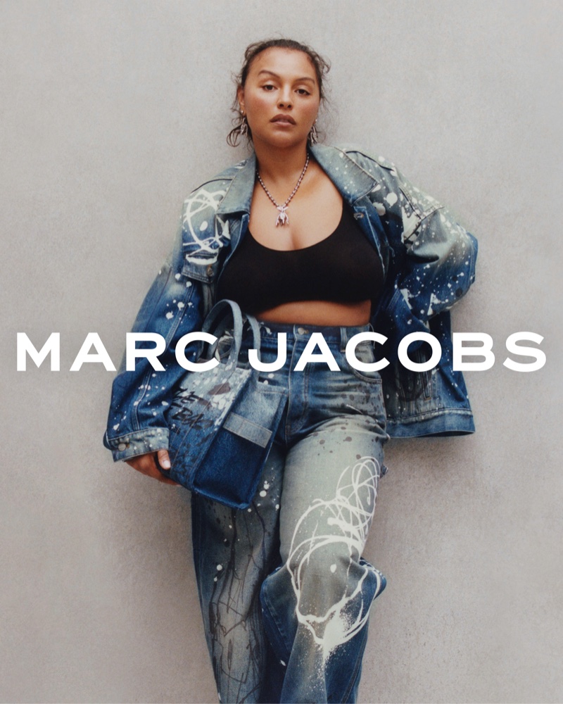 Paloma Elsesser rocks denim pieces in the Marc Jacobs x Futura collaboration campaign.