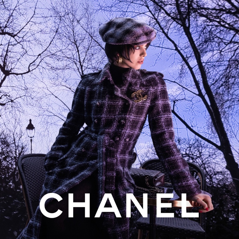 Margaret Qualley embraces luxe tweeds with a beret for Chanel's fall 2024 campaign.