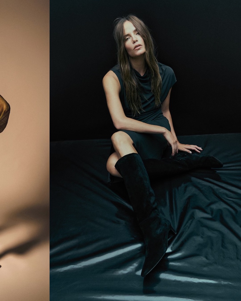 Massimo Dutti Studio's fall 2024 collection features a sleeveless dress with knee-high boots.