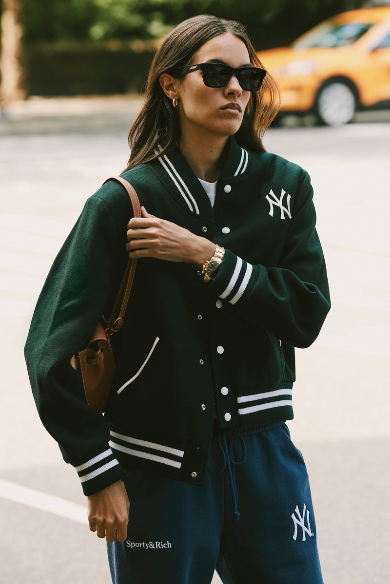 Keeping it casual, Sporty & Rich features a bomber jacket from  '47 & The New York Yankees drop.