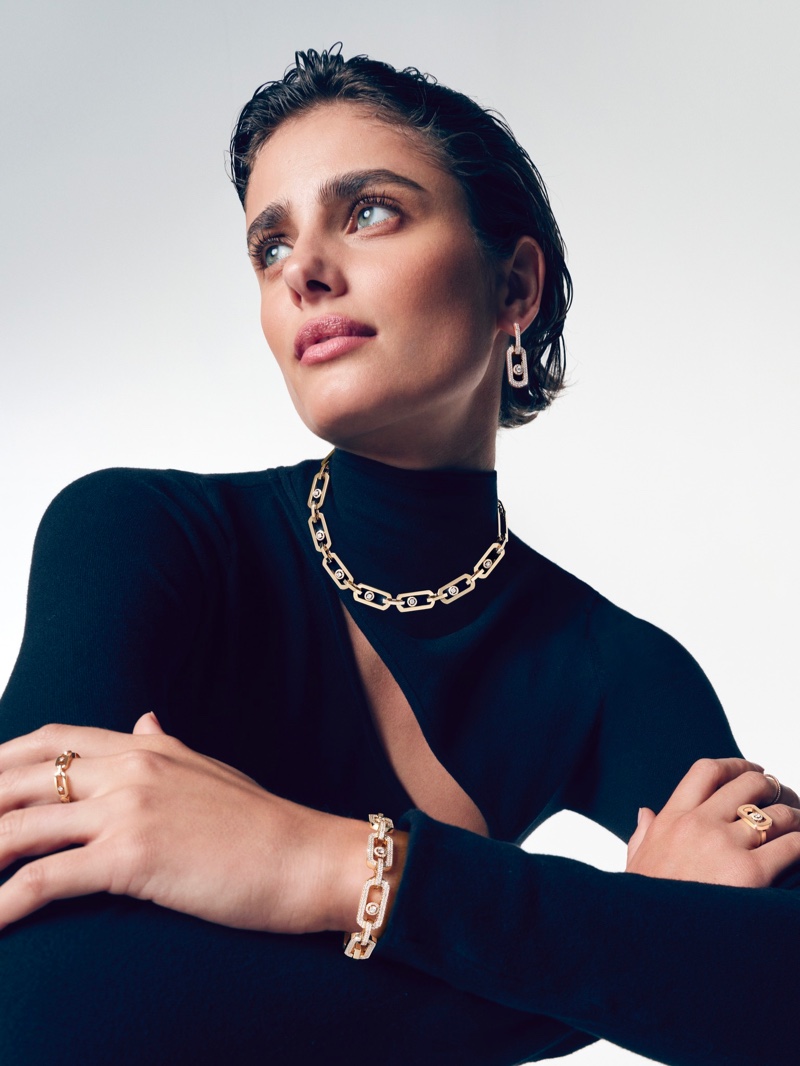 Taylor Hill shows off Messika's So Move line of bold jewelry in a new campaign.