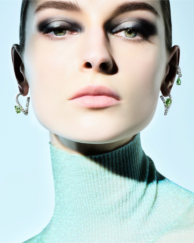 Green peridot and diamonds decorate Giorgio Armani Fine Jewelry's Blanche earrings.