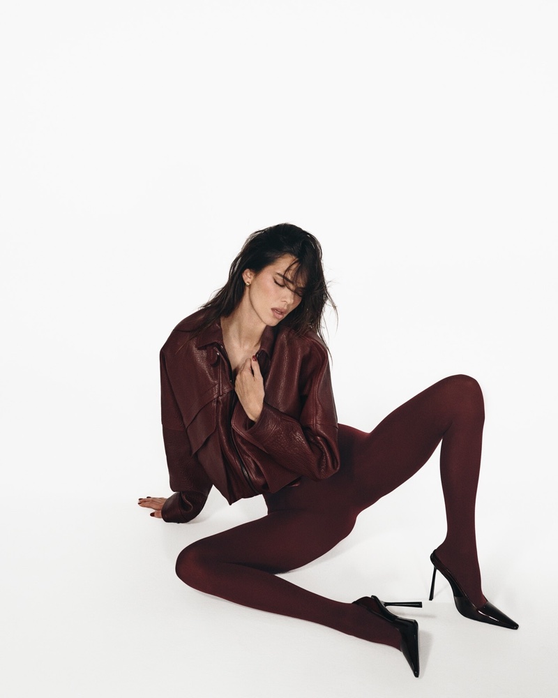 Burgundy hosiery takes the spotlight for Kendall Jenner's Calzedonia photoshoot.