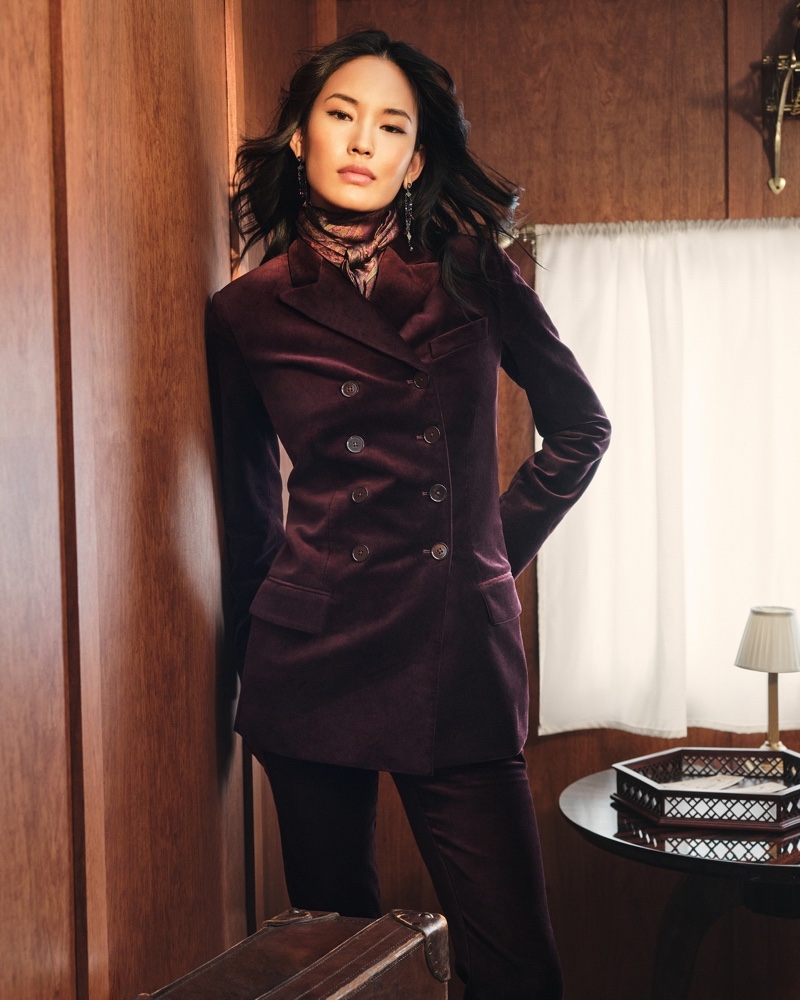 Lauren Ralph Lauren features a bordeaux velvet pantsuit for its fall 2024 campaign.