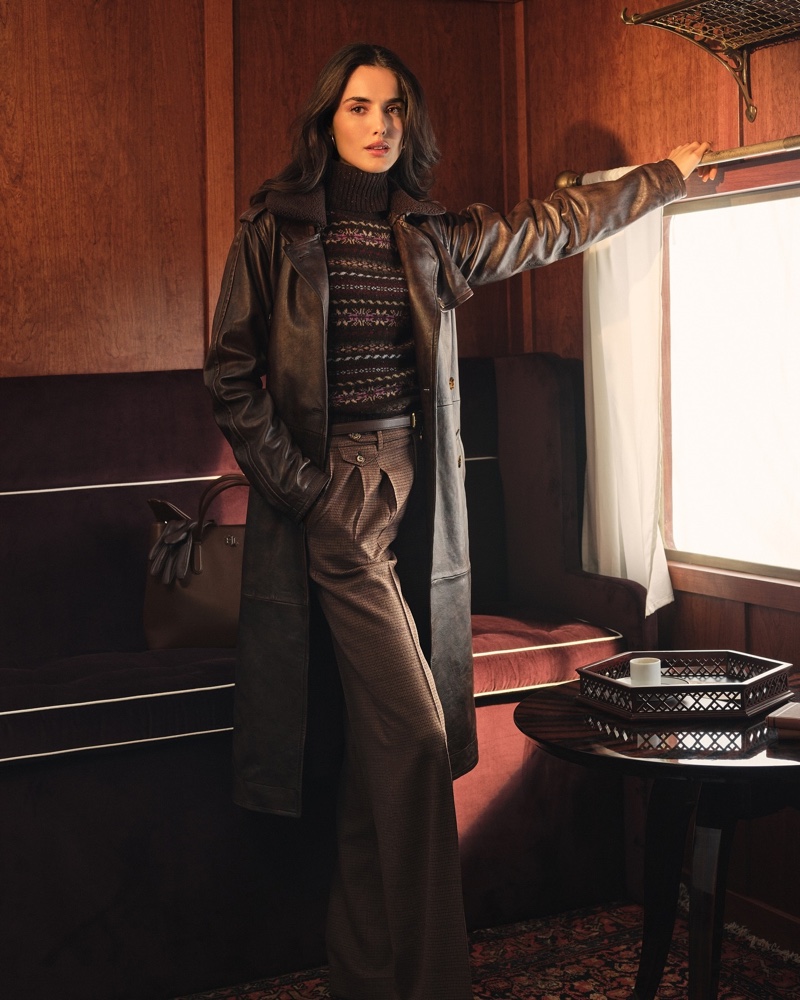 Lauren Ralph Lauren spotlights a fair isle sweater, leather coat, and belted trousers for fall 2024.