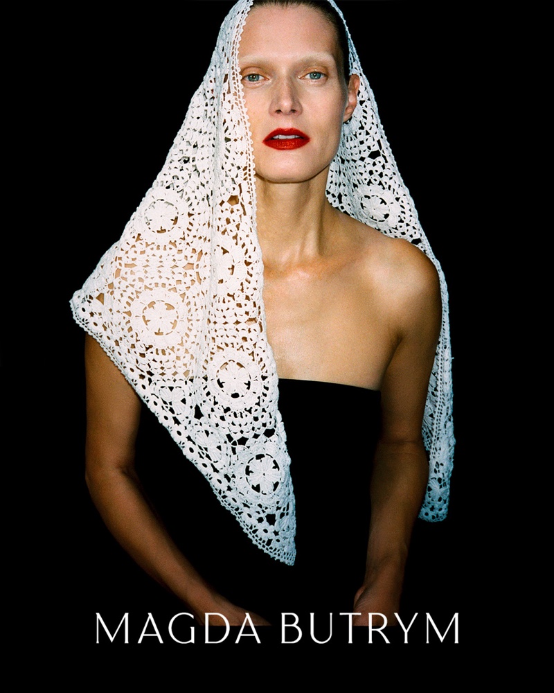 Malgosia Bela wears handmade lace for Magda Butrym's Decade of the Rose campaign.