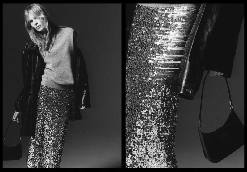 Mango features a knit sweater, sequin midi skirt, and leather jacket look.