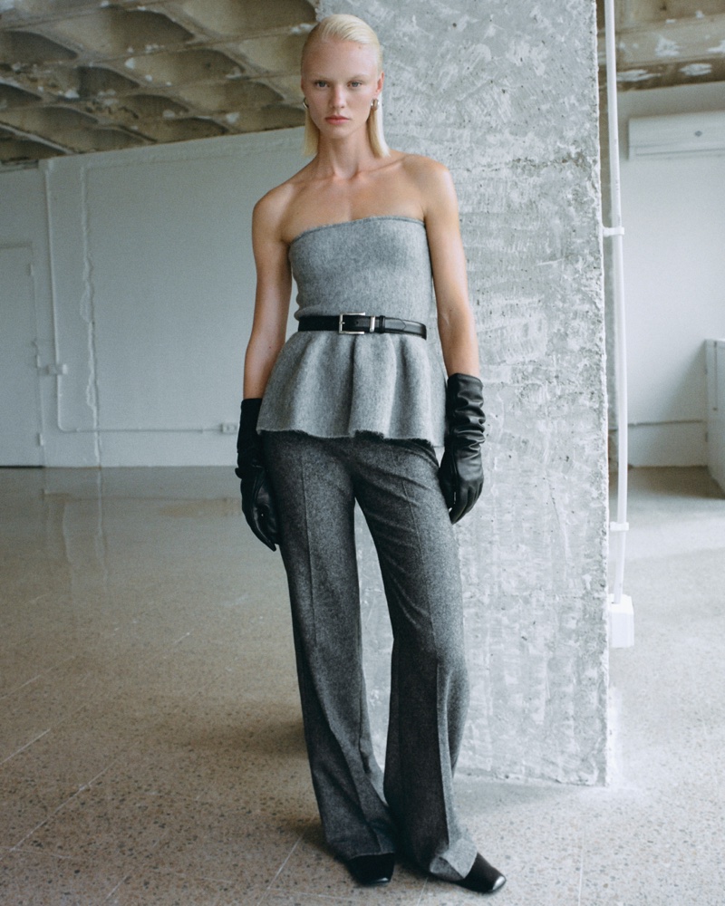 Mango spotlight a wool peplum top and suit pants in grey.