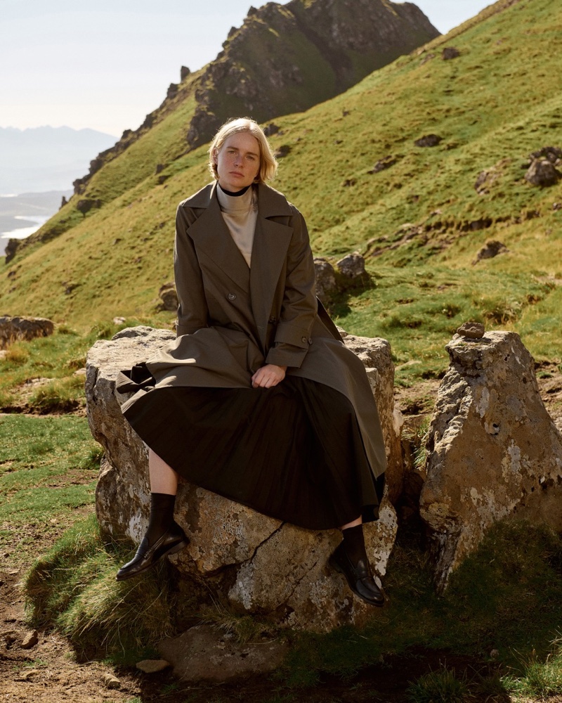 Steffi Cook poses in the Scottish highlands for a Massimo Dutti editorial.