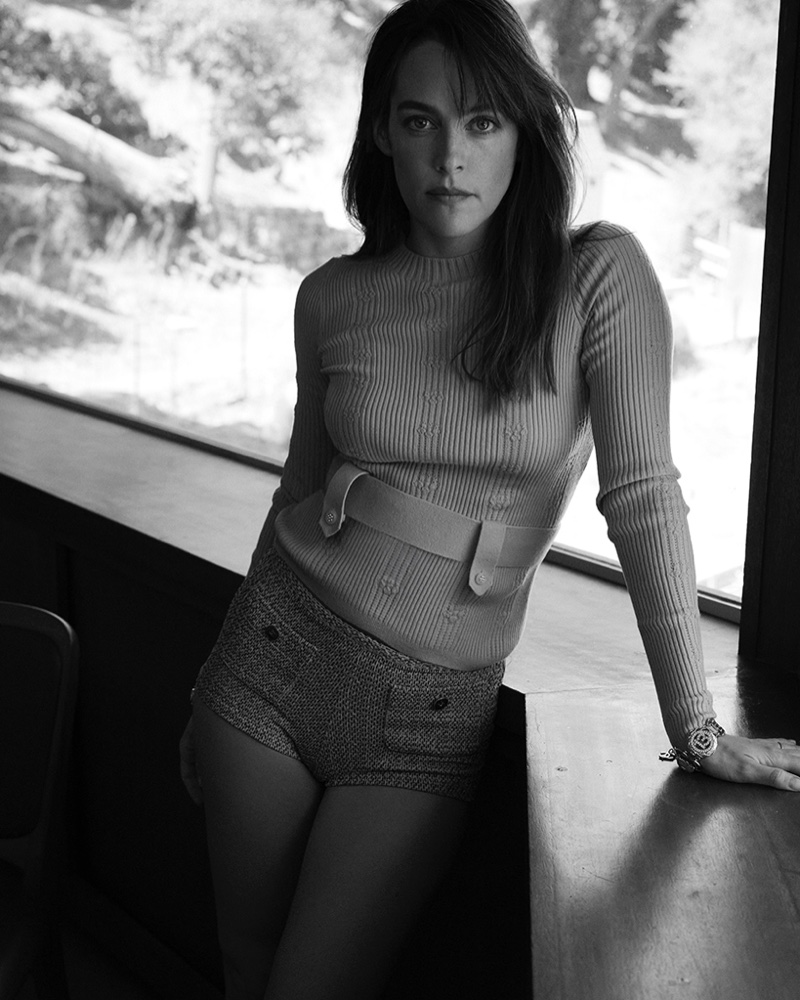 Photographed in black and white, Riley Keough embraces casual style with Chanel.