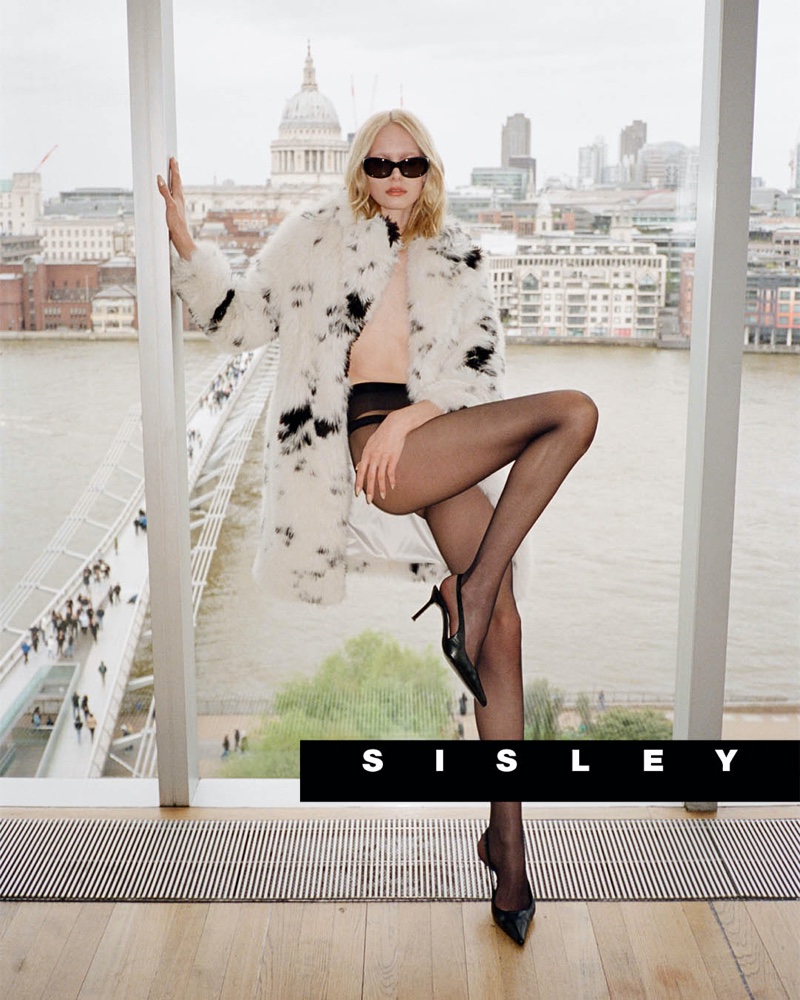 Rocking a faux fur coat, Alex Consani flaunts her legs in Sisley's fall 2024 ad.