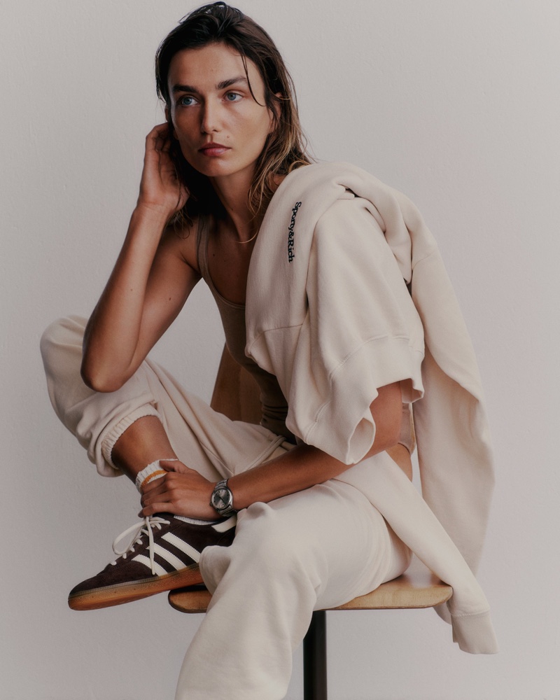 Andreea Diaconu embraces athleisure in Sporty & Rich's 2024 Core collection.