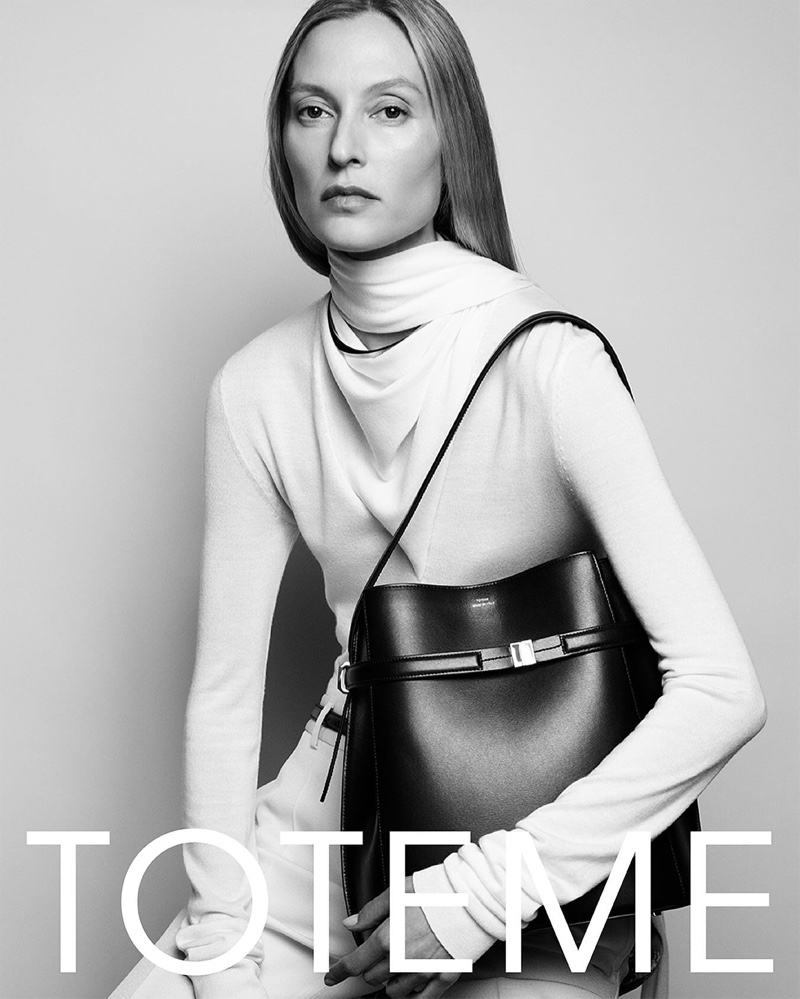 Toteme spotlights a leather bucket bag for its fall 2024 campaign.