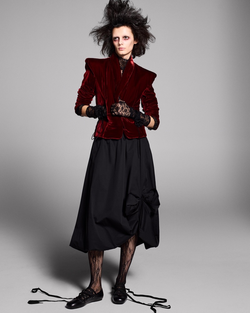 Zara brings goth chic with its Halloween editorial featuring a padded velvet jacket and pleated skirt.