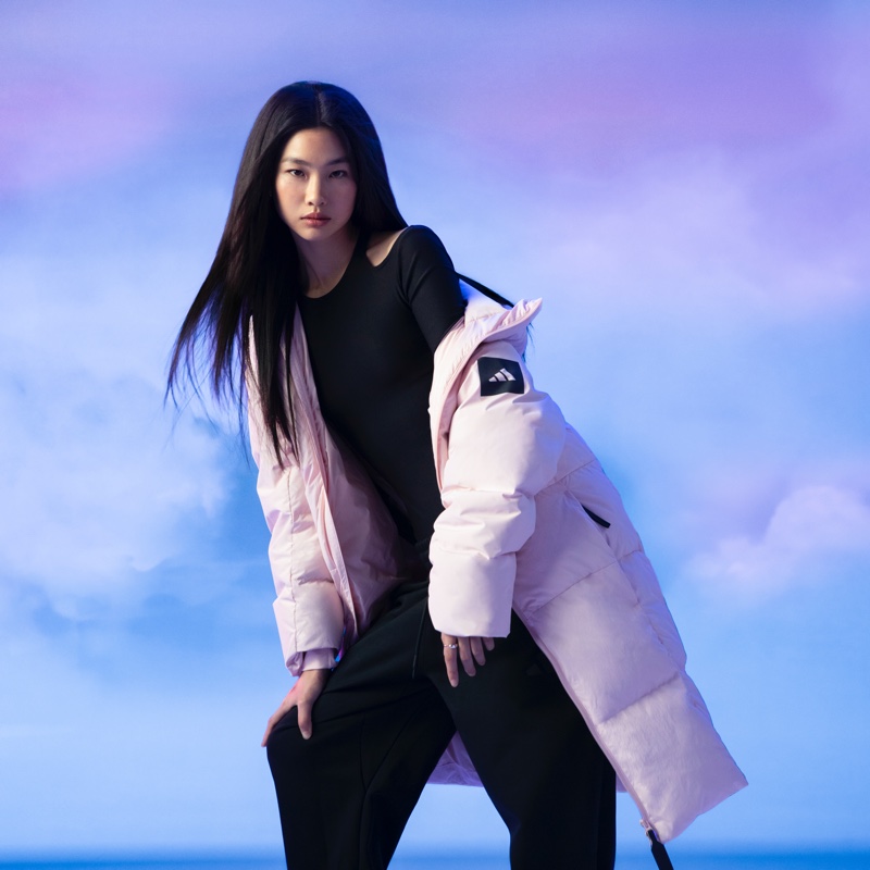 Hoyeon looks cool in adidas Sportswear's new Myshelter Down Parka in a pastel pink shade.