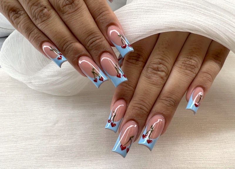 Cherry Tipped French Nails Long Blue