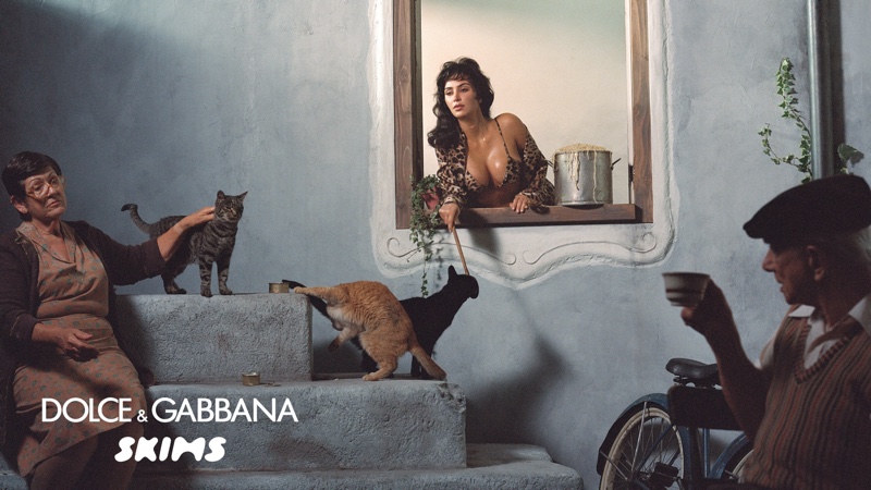 Kim Kardashian poses in an Italian scene for the Dolce & Gabbana SKIMS campaign.