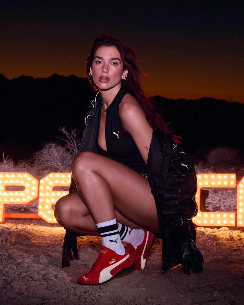 Dua Lipa poses for PUMA's Speedcat sneaker campaign.