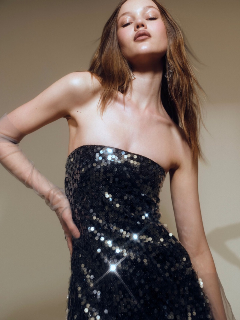 For Love & Lemons shines with the sequin-embellished Christelle dress for the holiday season.