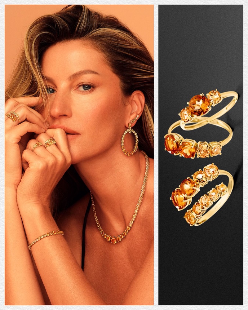 Gisele Bundchen models citrine and yellow gold jewelry from Vivara.