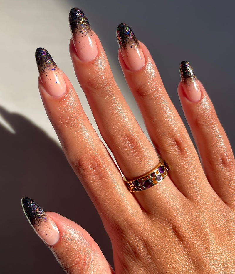 Glitter Black Ombre Long Nails