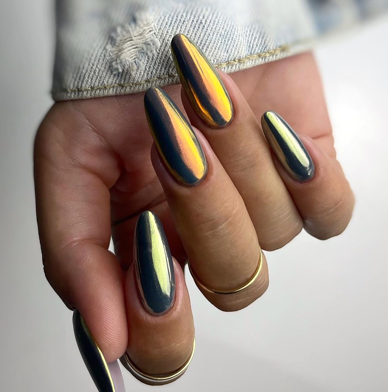 Gold Chrome Long Nails