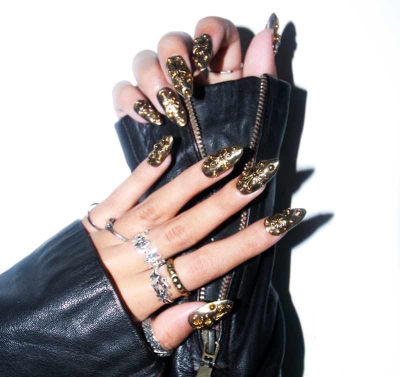 Gold Embellished Long Nails