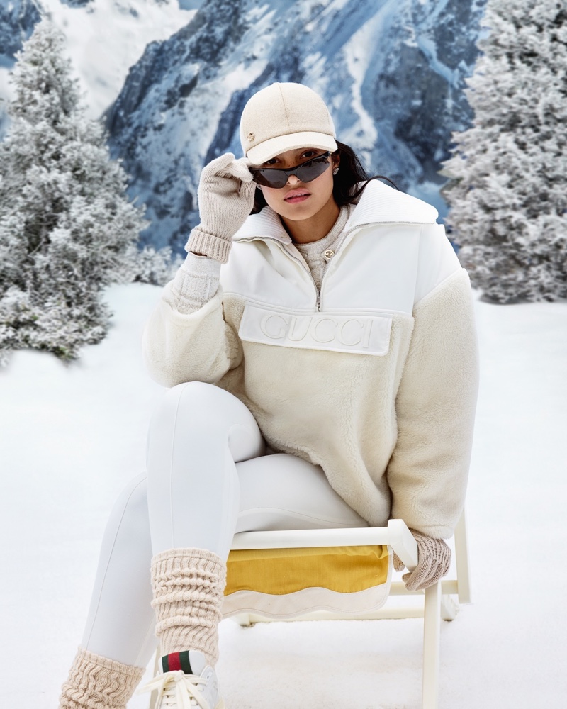 Devyn Garcia poses in the snow for the Gucci Gift 2024: To the Mountains campaign.