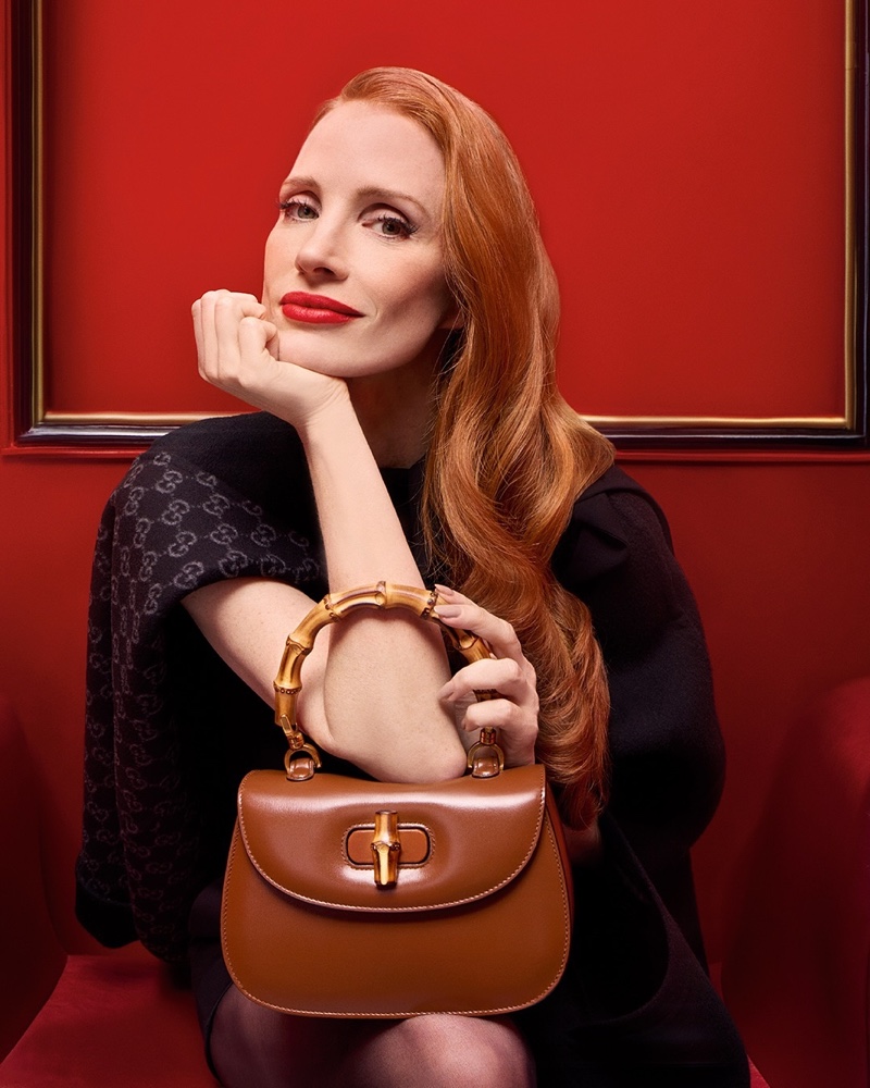 Jessica Chastain poses with the Bamboo bag in Gucci Gift's 2024 campaign.