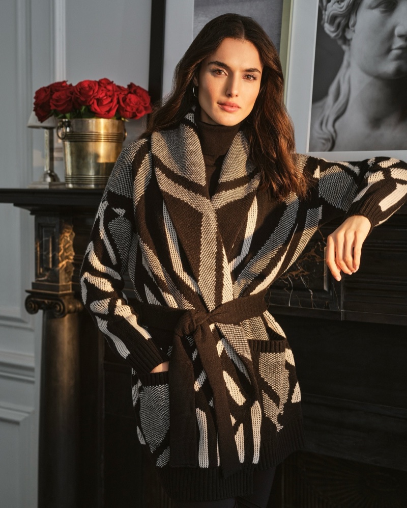 An art deco inspired pattern is featured on Lauren Ralph Lauren's holiday sweater design.